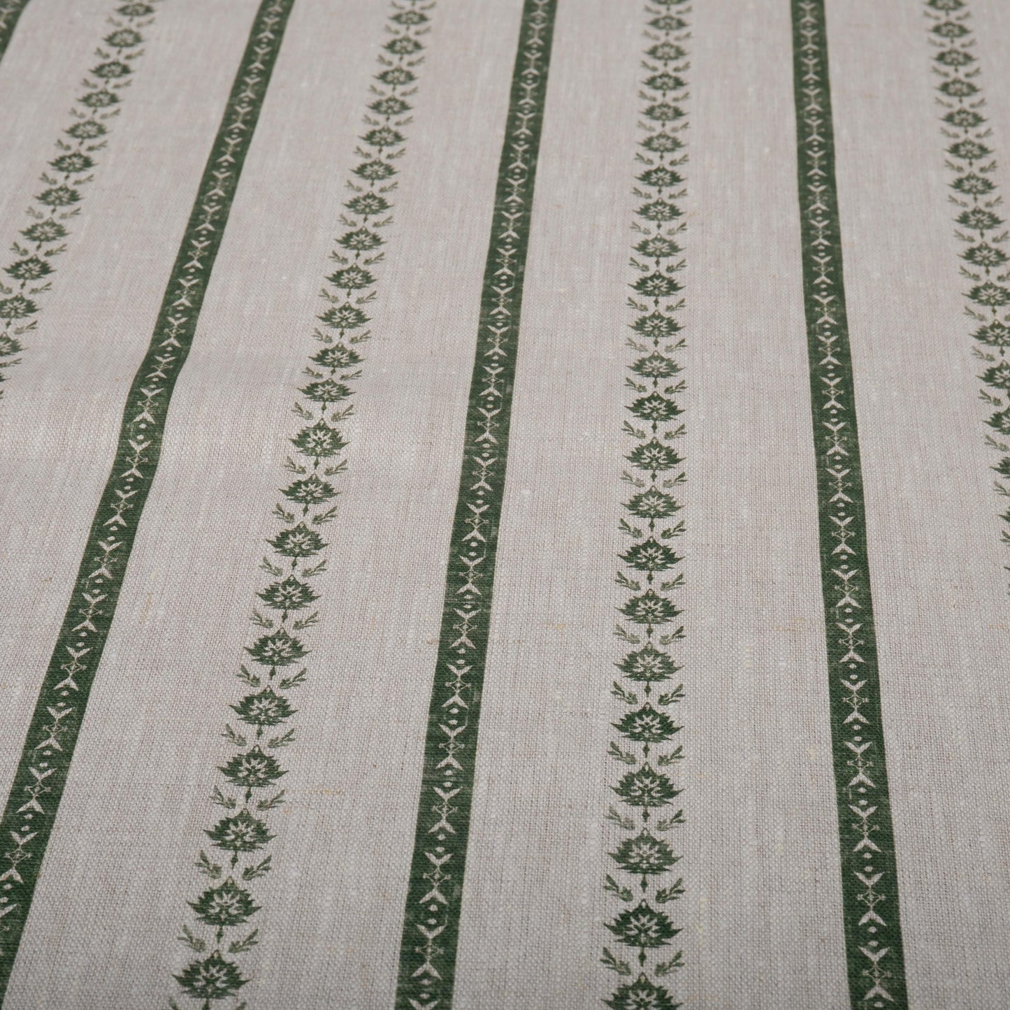 100% LINEN Fabric Striped floral print - block print green leaves on oatmeal linen for upholstery curtains dress making 2687