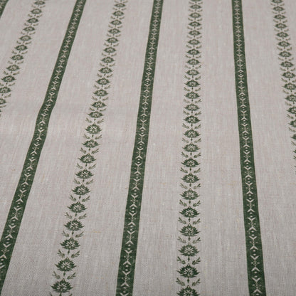 100% LINEN Fabric Striped floral print - block print green leaves on oatmeal linen for upholstery curtains dress making 2687