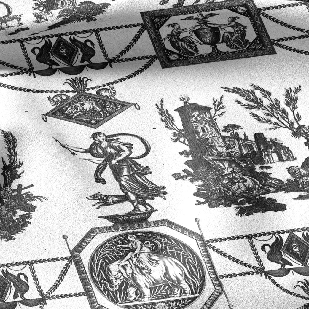 100% LINEN Fabric french black white print - Goddess Diana with Lion - toile de jouy - Diane chasseresse by Jean-Baptiste Huet 3420