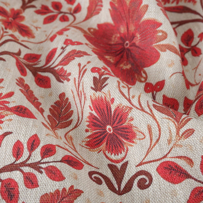 100% LINEN Fabric red floral print on oatmeal natur linen - love red flower fabric - French linen floral upholstery dress making 2036