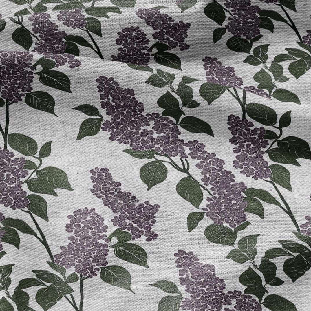 100% LINEN Fabric print lilac flower print - oatmeal linen fabric floral botanical - heavy for home decor clothing 2355