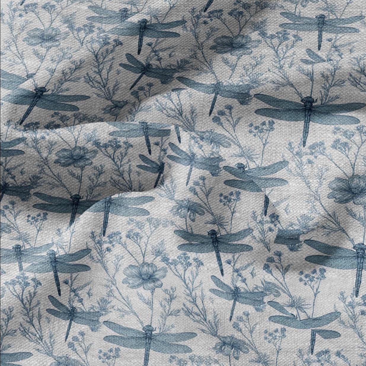 100% LINEN Fabric dragonflies blue print - botanical floral on oatmeal linen - modern vintage 3130