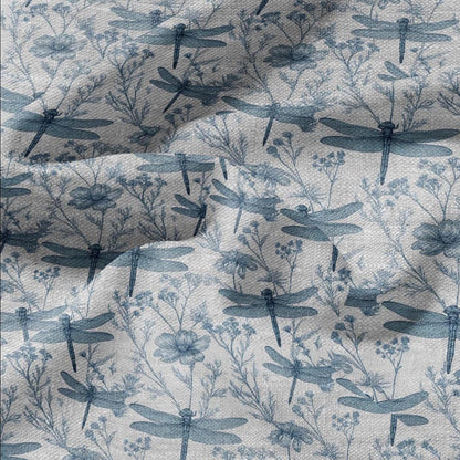 100% LINEN Fabric dragonflies blue print - botanical floral on oatmeal linen - modern vintage 3130