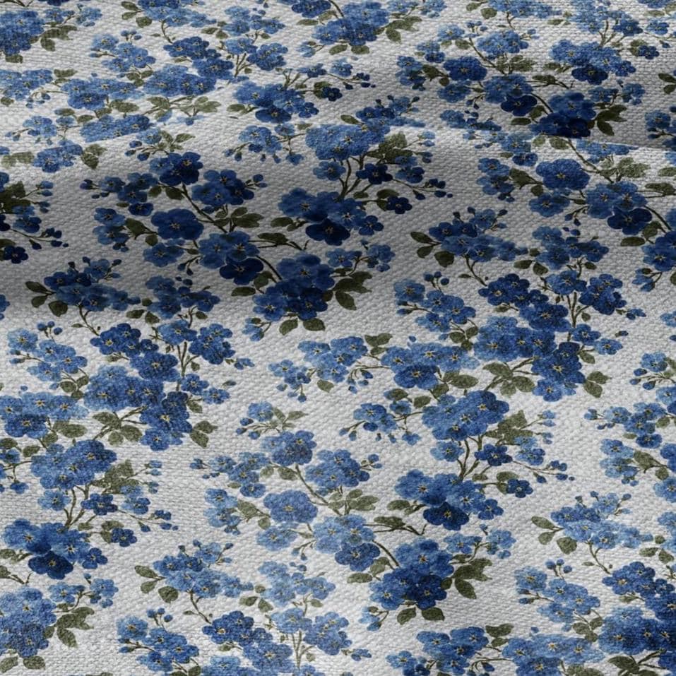 100% LINEN Fabric blue flower - forget me not floral block print on oatmeal linen  2913