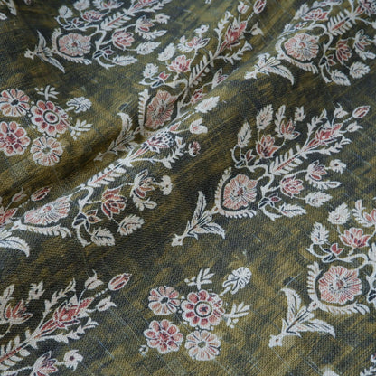100% LINEN Fabric block print indian khaki green 3659 -  oatmeal linen fabric with green floral print decor