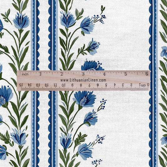 100% LINEN Fabric block print ChairoHana - Japanese blue green stripe floral heavy for upholstery home decor - medium for dress making 2843