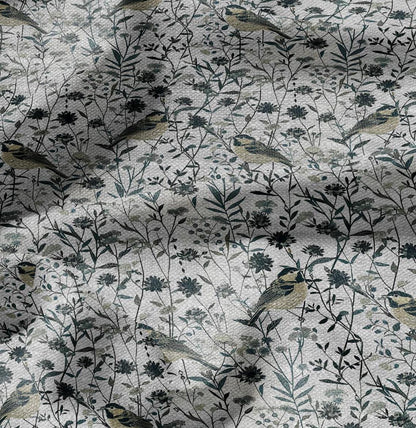 100% LINEN Fabric floral with birds meadow print -  heavy linen fabric with pale green print for upholstery home decor curtains pillowcases