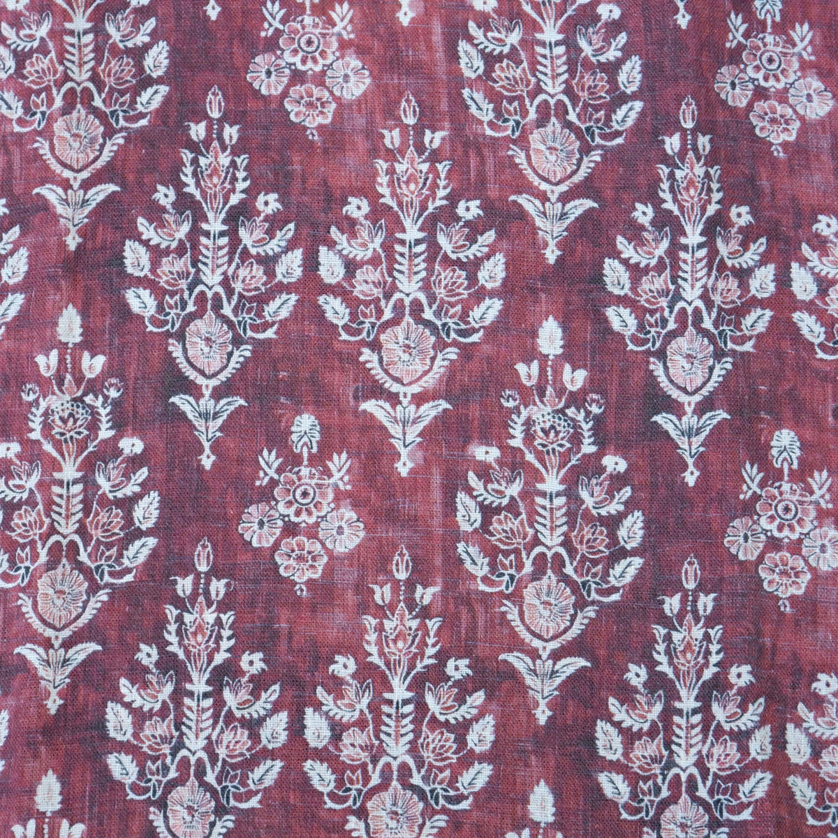100% LINEN Fabric block print indian red  3662 -  oatmeal linen fabric with green floral print decor
