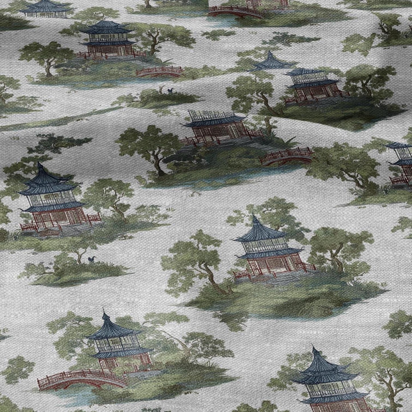 100% LINEN Fabric chinoiserie landscape - floral house print on oatmeal linen for home decor sewign dress clothing 2876