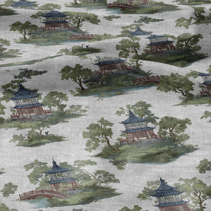 100% LINEN Fabric chinoiserie landscape - floral house print on oatmeal linen for home decor sewign dress clothing 2876