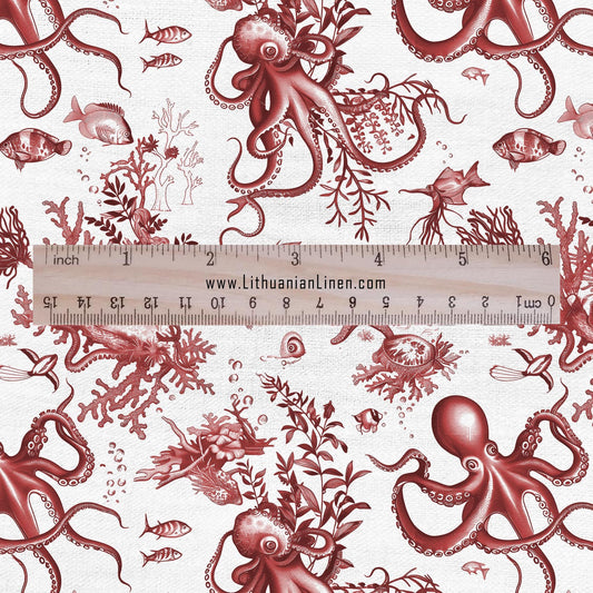 100% LINEN Fabric octopus linen - red white nautical fabric for upholstery home decor dress making 306R