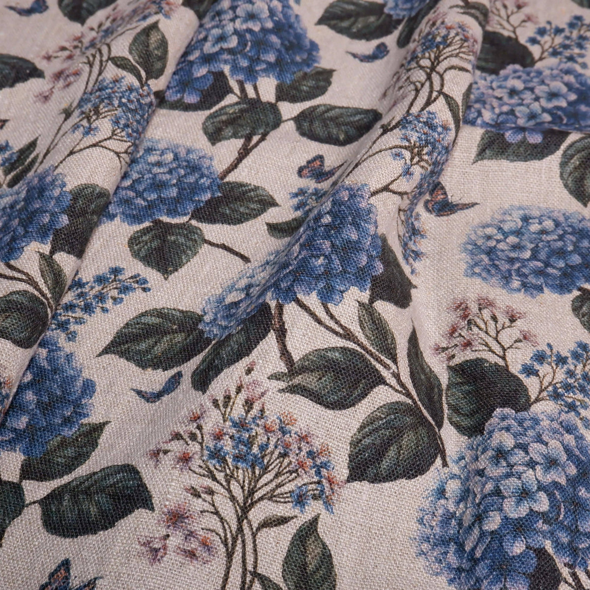 100% LINEN Fabric print Blue Hydrangea -  floral botanical print - heavy for upholstery home decor clothing 3726