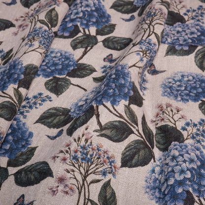 100% LINEN Fabric print Blue Hydrangea -  floral botanical print - heavy for upholstery home decor clothing 3726
