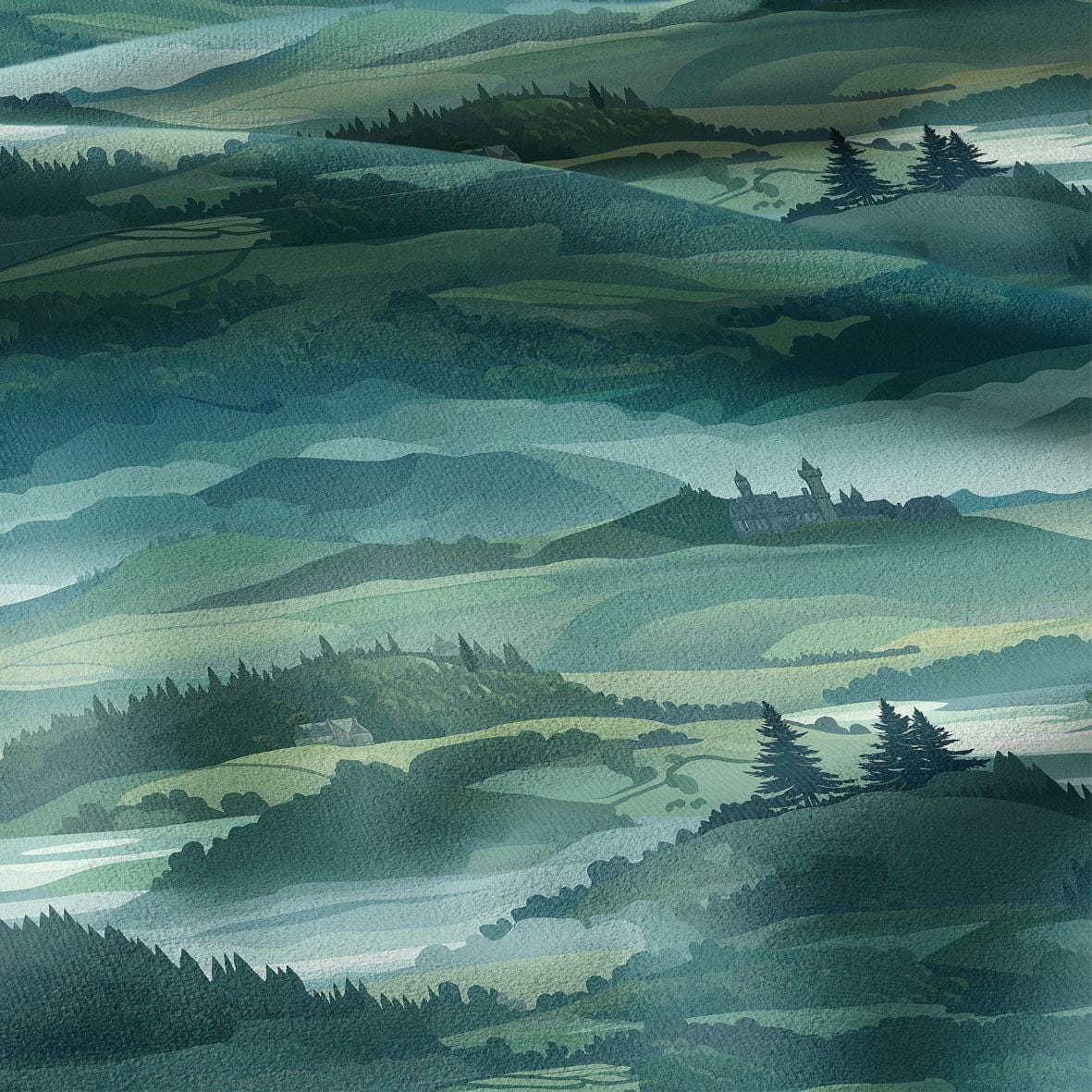 100% LINEN Fabric Bavaria landscape print -greenery forest castle linen heavy for upholstery home decor - medium for dress making 2901