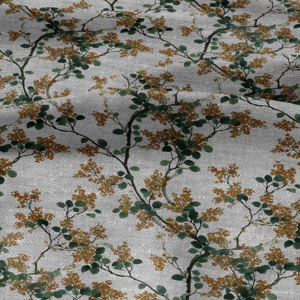 100% LINEN Fabric yellow mimosa blossom print - oatmeal linen fabric with floral botanical print - modern vintage 3057