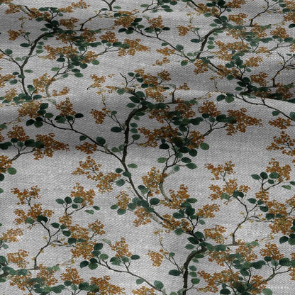 100% LINEN Fabric yellow mimosa blossom print - oatmeal linen fabric with floral botanical print - modern vintage 3057