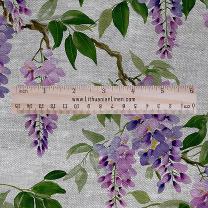 100% LINEN Fabric purple flowers Wisteria -  floral print on oatmeal linen  for home decor sewign dress clothing 3008