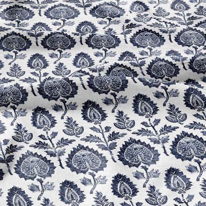 100% LINEN Fabric block print indigo blue on white - blue floral print heavy linen fabric for upholstery home decor 2009