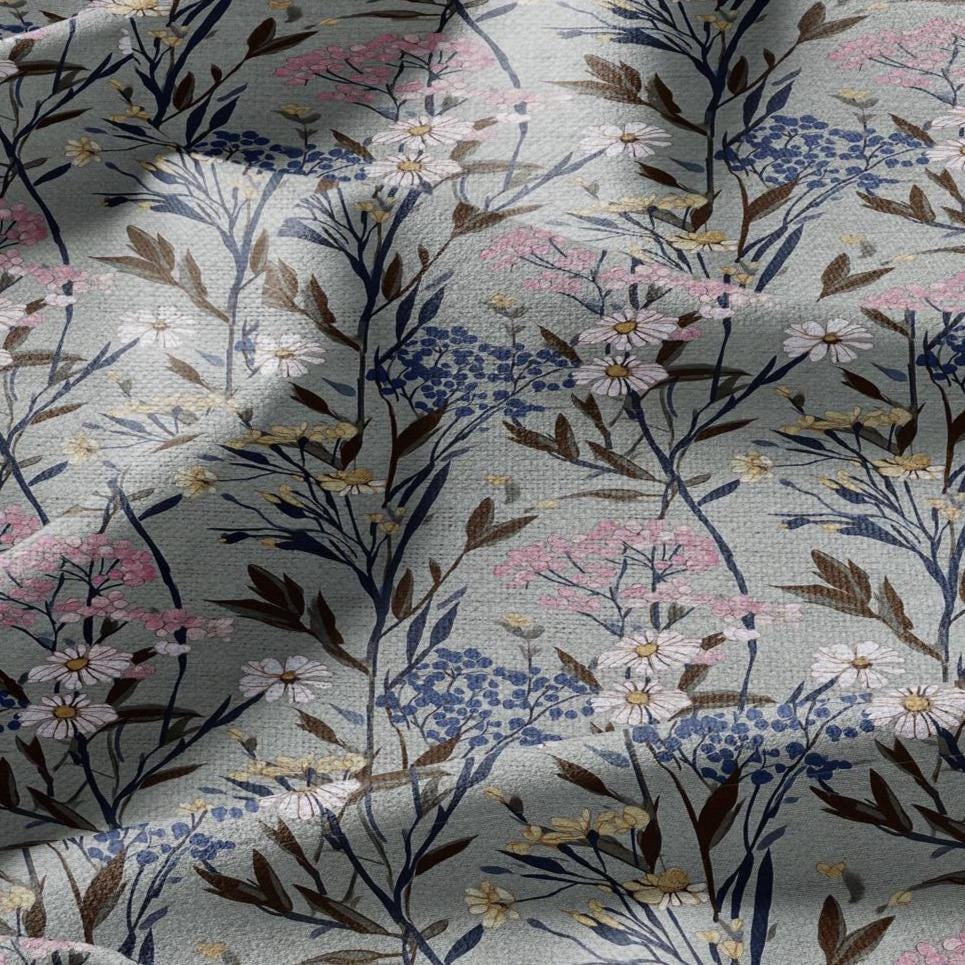 100% LINEN Fabric flowers print - Meadow botanical  upholstery home textile artisan pink gray bluee 2748
