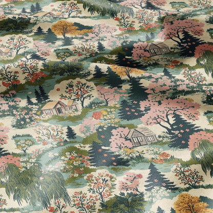 100% LINEN Fabric Country side - Village lanscape for upholstery dressmaking curtains home textile Art Nouveau 2133