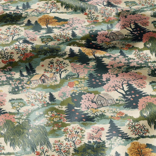 100% LINEN Fabric Country side - Village lanscape for upholstery dressmaking curtains home textile Art Nouveau 2133