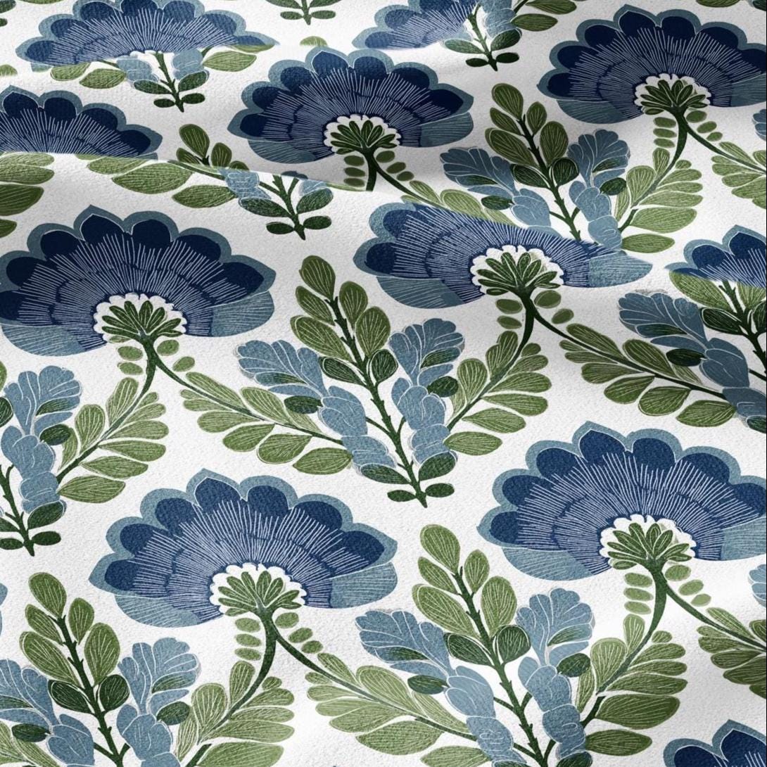 100% LINEN Fabric Swedish Mid-century print - Walnut leaves botanical stripe upholstery home textile artisan blue green white 3079