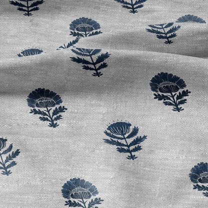 100% LINEN Fabric blue flower -  indian floral block print on oatmeal linen for home decor sewing dress clothing 2916
