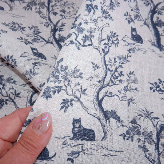 100% LINEN Fabric Toile de Jouy trees with cats - linen fabric with indigo blue print - French linen fabric upholstery dress making curtains