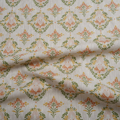 100% LINEN Fabric block print pastel green pink grey | oatmeal linen fabric with floral print | linen fabric for upholstery home decor