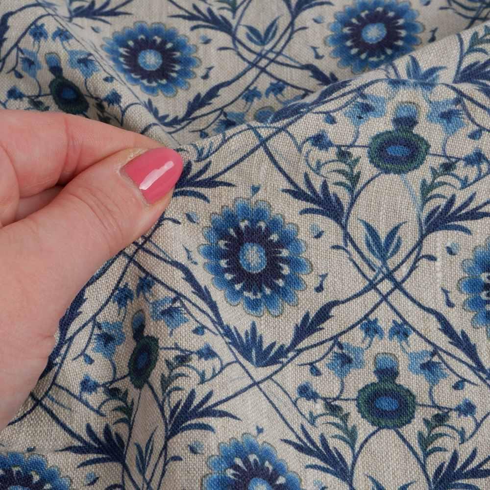 100% LINEN Fabric block print - linen with blue floral print on oatmeal - heavy linen fabric for light upholstery home decor sewing 2324