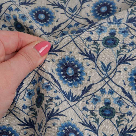 100% LINEN Fabric block print - linen with blue floral print on oatmeal - heavy linen fabric for light upholstery home decor sewing 2324