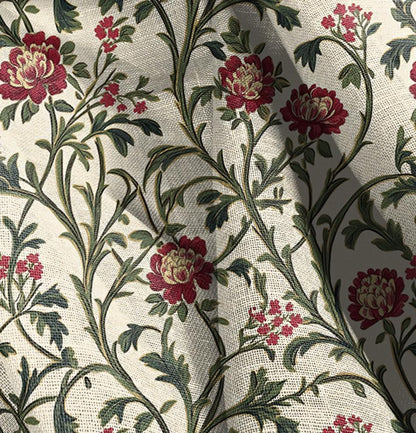 100% LINEN Fabric oriental with floral print,  linen fabric with botanical print, heavy linen fabric for upholstery home decor