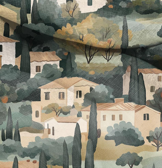 100% LINEN Fabric Tuscany landscape print, linen fabric with house and cypress tree print, heavy linen fabric for upholstery home decor