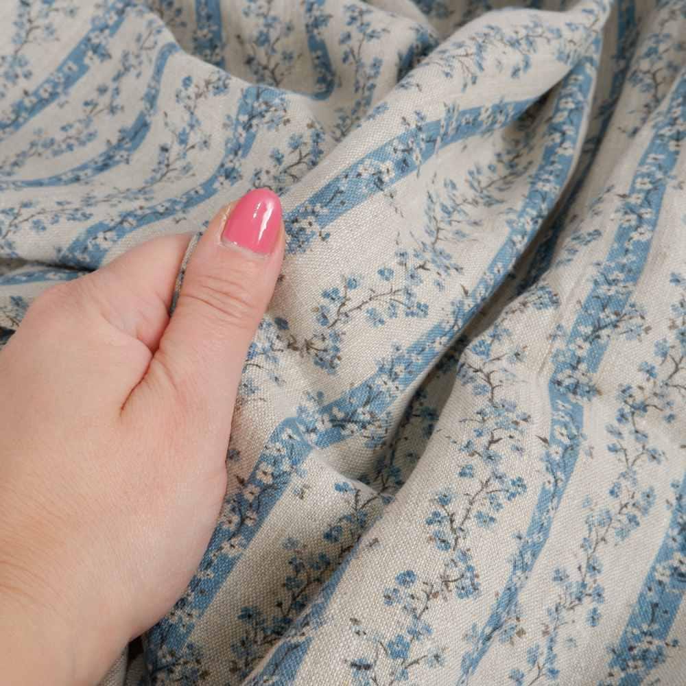 100% LINEN Fabric floral stripe block print on oatmeal linen - blue gray heavy fabric for upholstery - medium weight linen dress making 2502