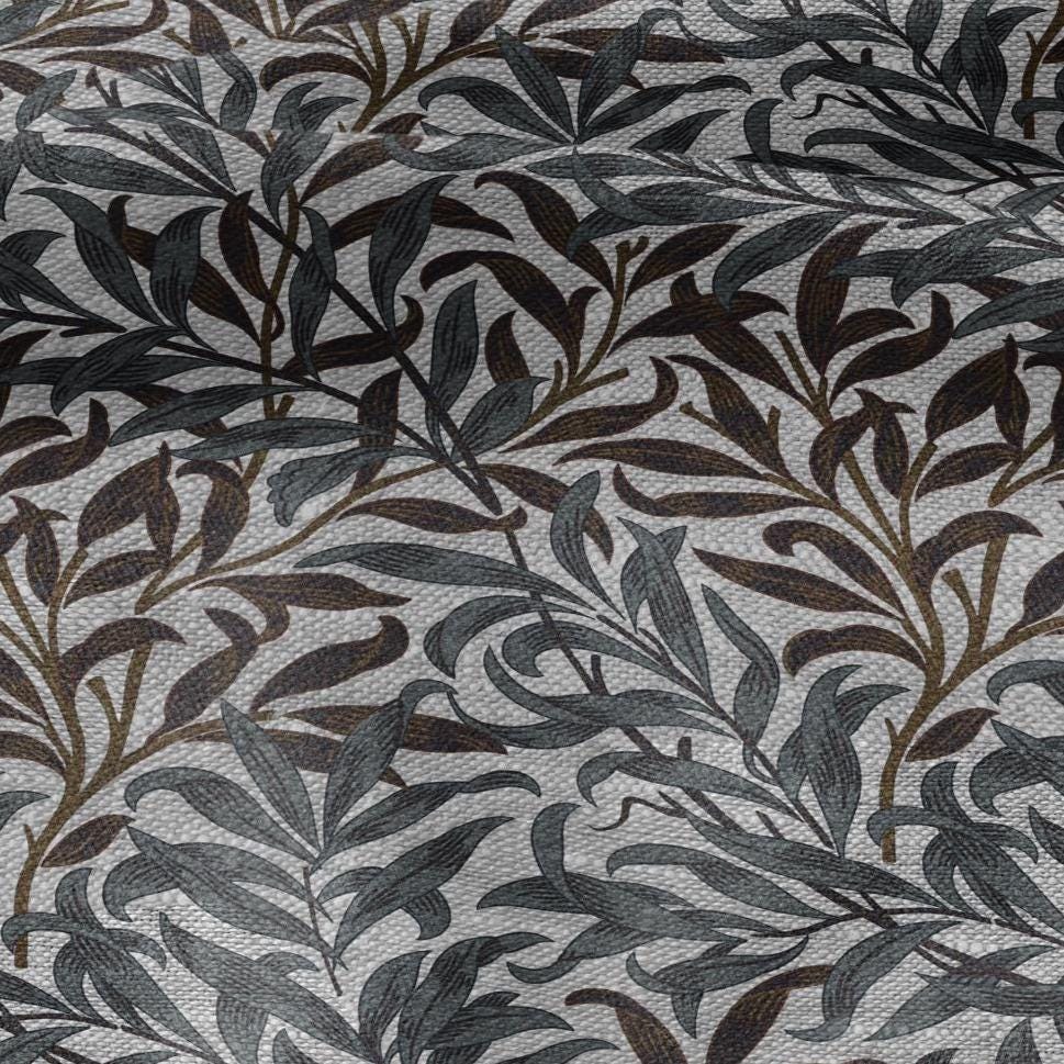 100% LINEN Fabric William Morris Bough Willow gray - oatmeal natur linen fabric with botanical print - Victorian Art Craft Historical 3174