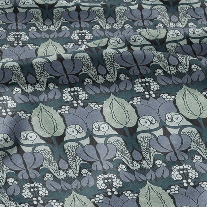 Owl Voysey blue print on 100% LINEN - Victorian Art crafts linen Fabric - botanical Historical upholstery home textile