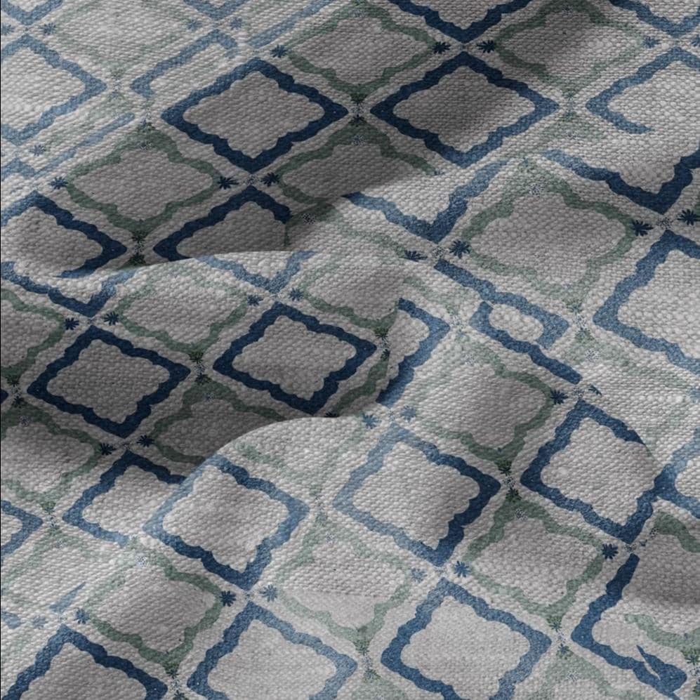 100% LINEN Fabric Green blue geometric print - oatmeal linen fabric floral botanical - heavy for home decor clothing 3087