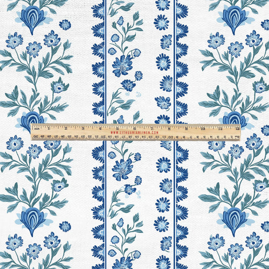 100% LINEN Fabric UPHOLSTERY 12oz - Grandmillenniar Floral stripe on linen - Modern vintage Victorain blue green white upholstery 2153