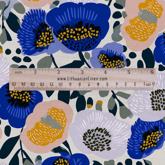 100% LINEN Fabric finnish Flower print - blue modern vintage floral linen fabric for upholstery or home decor 2841