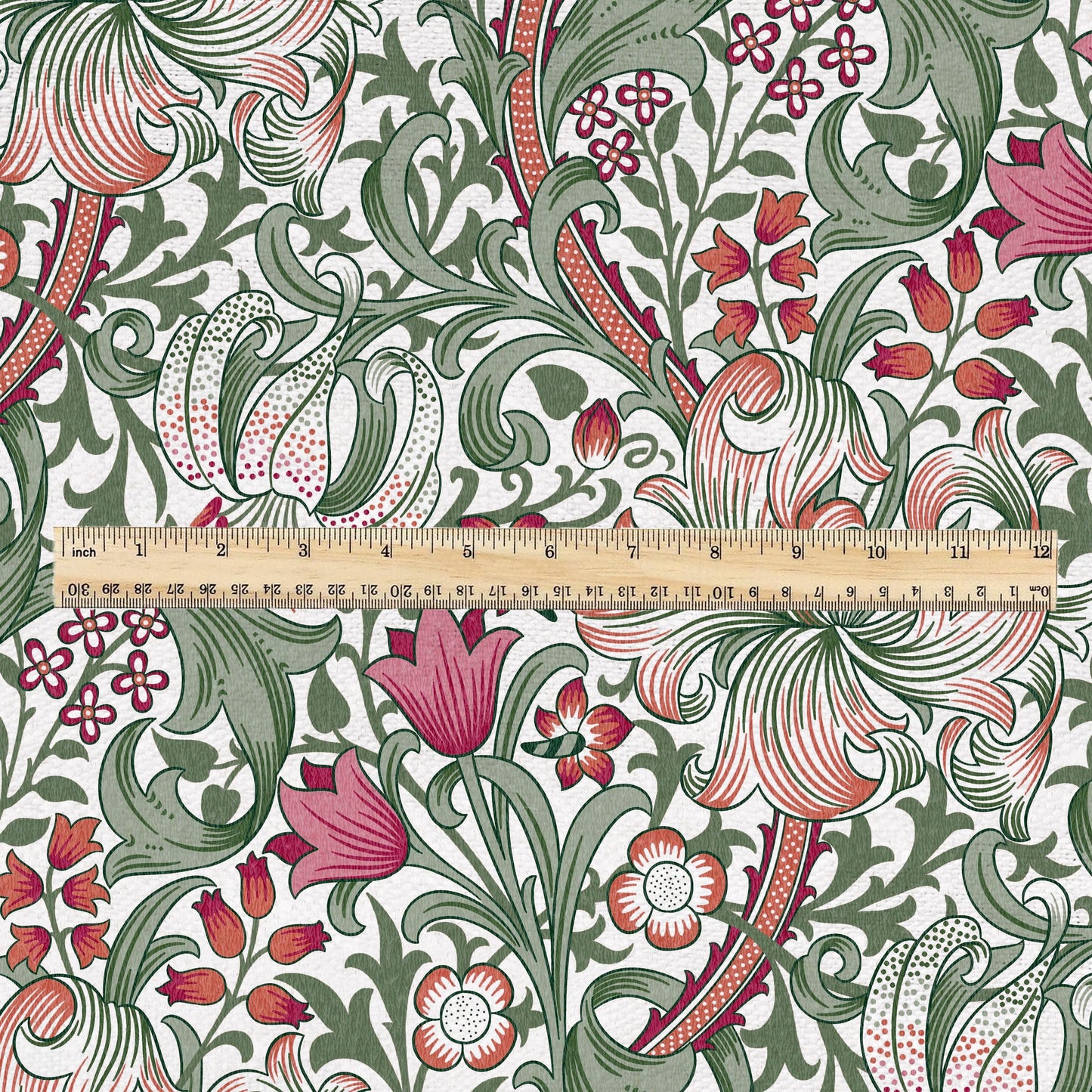 100% LINEN Fabric William Morris Golden Lily green red - British linen floral upholstery home textile Victorian fabrics 3230