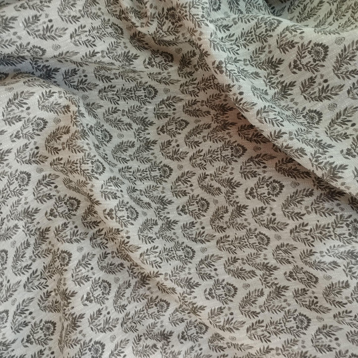 100% LINEN Fabric block print grey on linen, Heavy oatmeal linen fabric with grey print for upholstery home decor curtains 368N