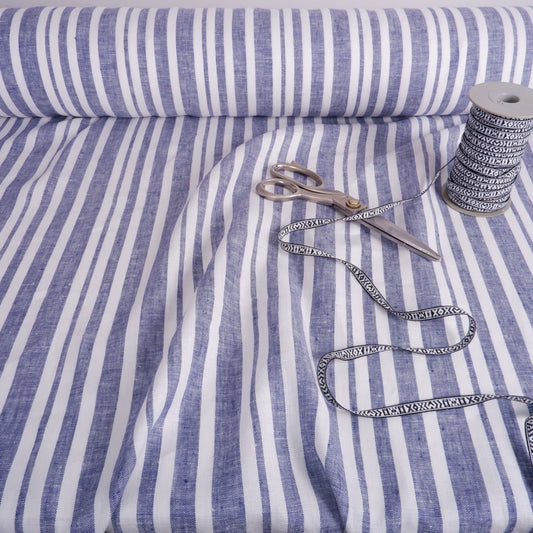 100% blue and white stripes in linen fabric - Medium weight - nautical fabric for clothing, curtains, home textile, home decor craft project