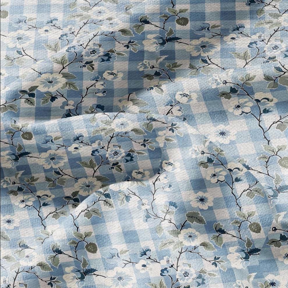 100% LINEN Fabric pink Gingham blue floral print - botanical upholstery home textile artisan fabrics blue white 2744