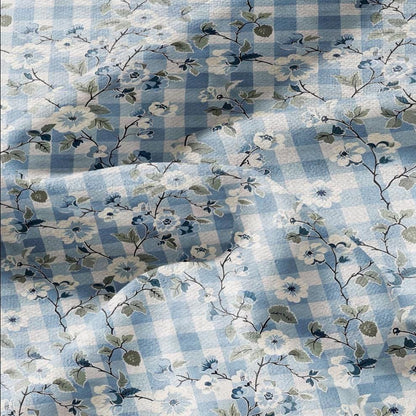 100% LINEN Fabric pink Gingham blue floral print - botanical upholstery home textile artisan fabrics blue white 2744