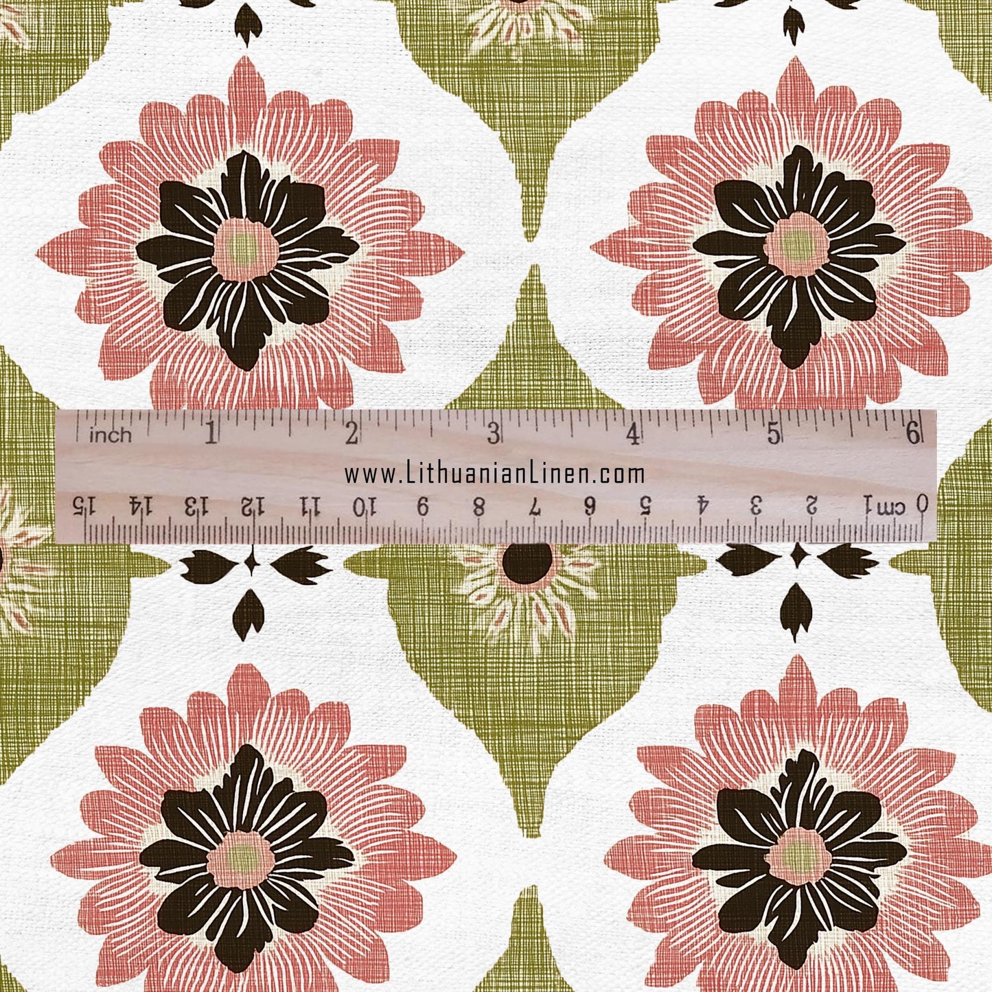 100% LINEN Fabric PInk green floral print - retro block print flower - for upholstery home decor - medium for dress making 2908