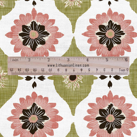 100% LINEN Fabric PInk green floral print - retro block print flower - for upholstery home decor - medium for dress making 2908