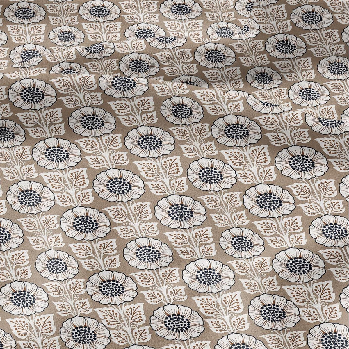 100% LINEN Fabric Beige flower block print - botanical textile artisan fabrics brown white 3808