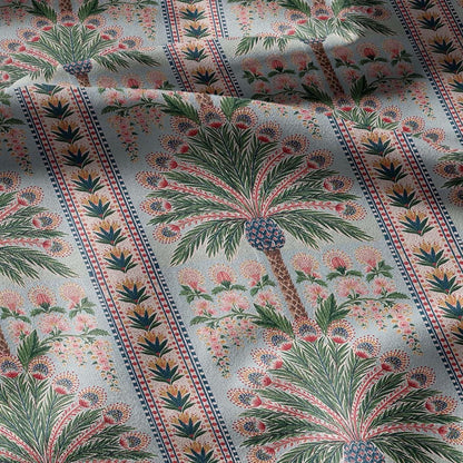 100% linen fabric Palm floral print - Vintage pink red green botanical  - modern vintage 3394
