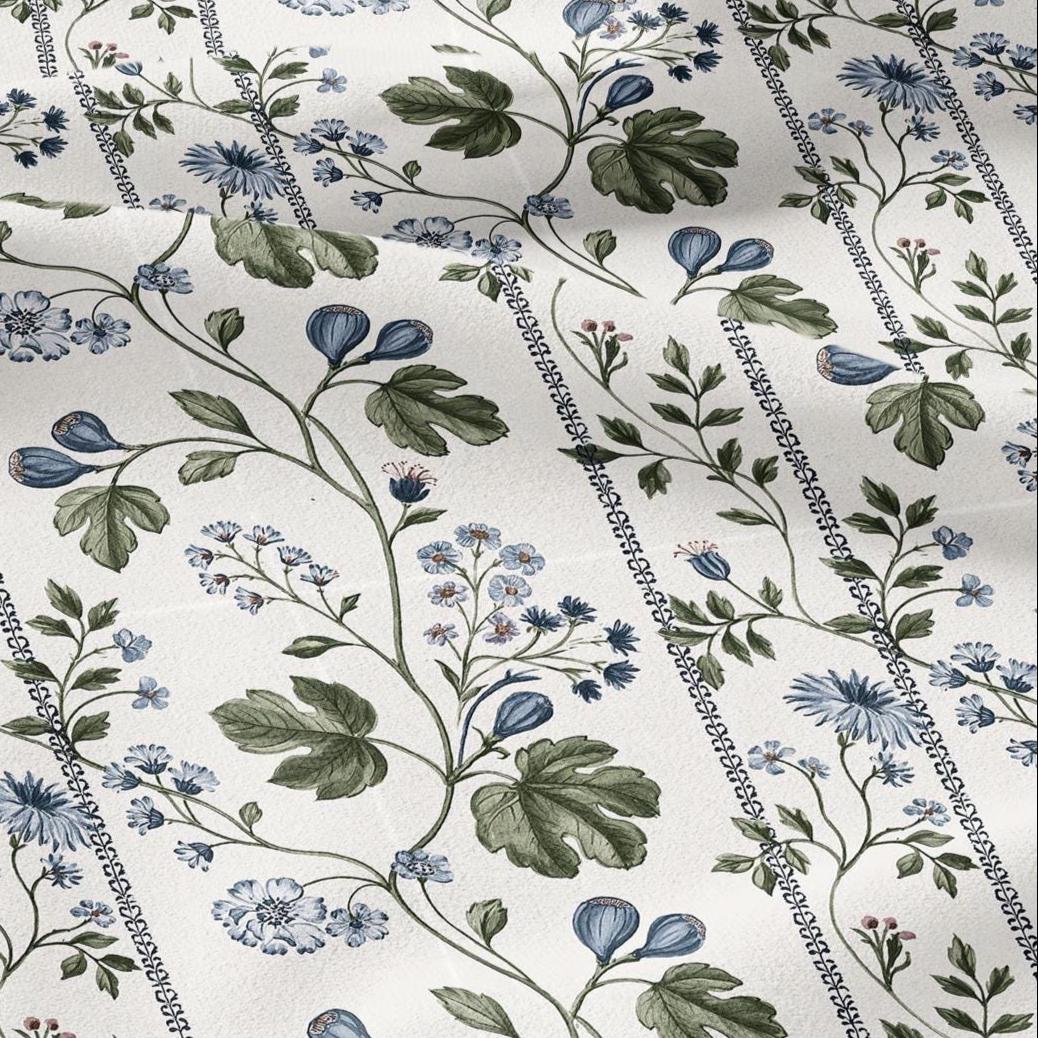 100% LINEN Fabric with floral field print - botanical preppy stripe print - linen fabric upholstery home decor dressmaking 3746