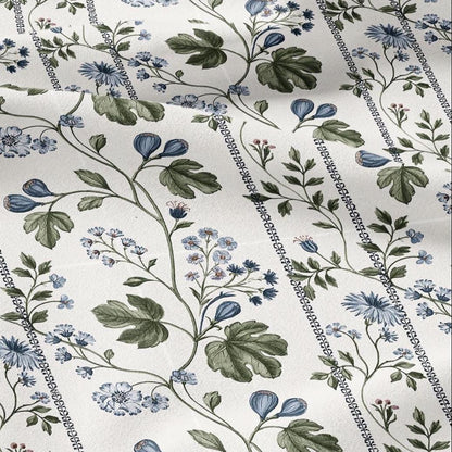 100% LINEN Fabric with floral field print - botanical preppy stripe print - linen fabric upholstery home decor dressmaking 3746